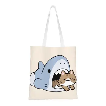 Kedi Köpekbalığı Bakkal Alışveriş Çantaları Tuval alışveriş çantası omuz çantaları Büyük Kapasiteli Taşınabilir Karikatür Anime Hayvanlar Çanta