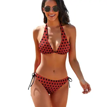 Kırmızı Siyah Polka Dot Bikini Mayo Polkadots Vintage Mayo Seksi Push Up Yenilik Bikini Set Sörf V Boyun Baskı Biquinis