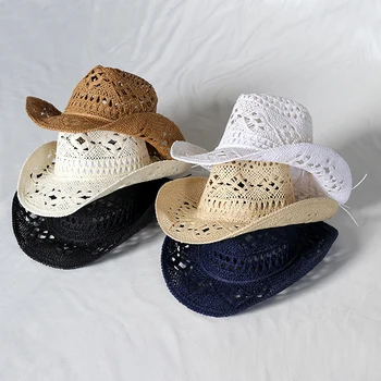 Batı hasır kovboy şapkası Göl Mavi Sıcak Pembe Fedoras Erkekler Kadınlar El Yapımı Dokuma Delikli Yaz güneş şapkası Sombreros Vaqueros