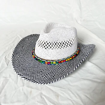Batı hasır kovboy şapkası Göl Mavi Sıcak Pembe Fedoras Erkekler Kadınlar El Yapımı Dokuma Delikli Yaz güneş şapkası Sombreros Vaqueros