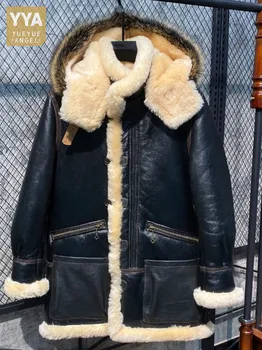 Eko Koyun Derisi Shearlıng Ceket Erkekler Kış Gerçek Kürk Sıcak Yün Astar Hakiki Deri Uzun Erkek Kapşonlu Palto Boyutu 5XL 6XL
