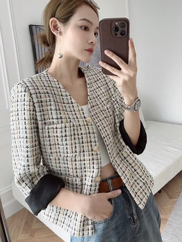 Kore Küçük Koku Kadın Sonbahar Ekose Ceket Emperament Dokuma Tüvit Vintage Düğme V Yaka Uzun Kollu Tasarım Takım Elbise Ceket