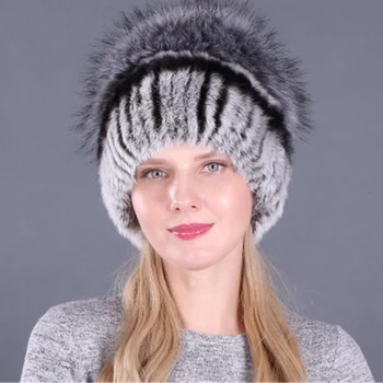 Faux Tavşan Kürk Şapka Kadınlar için Kış Rus Tarzı Örme Yün Şapka Kadın Şapka Açık Sıcak Kulaklık Kasketleri Kapaklar Gorras