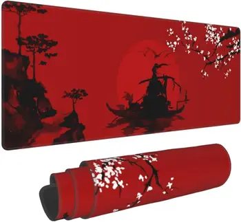 Japon Kiraz Çiçeği Samurai Siyah Kırmızı Büyük Oyun Mouse Pad Kaymaz Kauçuk Mousepad Dizüstü Ofis İşleri için 31.5 X 11.8 İn