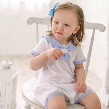 Yaz İspanyol Bebek Saf Pamuk Süper Yumuşak Donanma Rüzgar Tırmanma Giysileri Bebek Kız Giysileri Yeni Doğan Bebek Giysileri Bebek Kız Romper