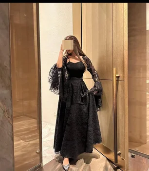 MINGLAN Siyah Sevgiliye Tam Kollu Moda Bir Çizgi Uzun Gece Elbisesi Ayak Bileği Uzunluğu Sweep Tren Dantel Zarif Balo elbisesi Yeni 2023