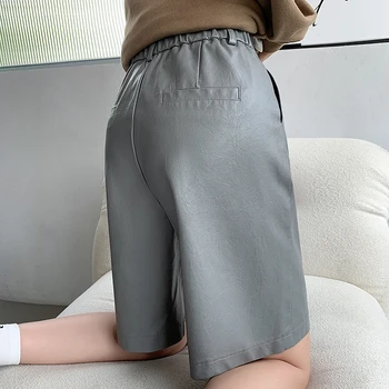 Gri Yüksek Bel Rahat Geniş Bacak Pu kısa pantolon Kadın 2023 Sonbahar Kış Gevşek Diz Boyu Yıkanmış Deri Şort
