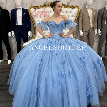 Angelsbrıdep Açık Mavi Boncuk Prenses Balo 15 Yaşındaki Kızlar Quinceanera Elbiseler 3D Çiçekler Vestidos De 15 Años