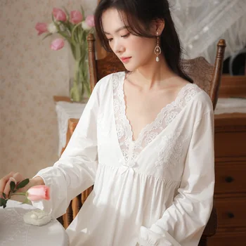 Peri Gecelik Elbise Kız Prenses Pijama Beyaz Dantel Örgü Sabahlık Uzun Elbise Victoria Vintage Tatlı Gecelikler Yaz