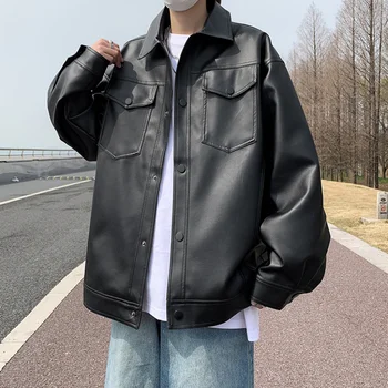 Kore Versiyonu Deri Erkek Popüler Yüksek Sokak Çok cep 2023 İlkbahar Sonbahar Yeni Gevşek Her Şey Basit Moda Ceket