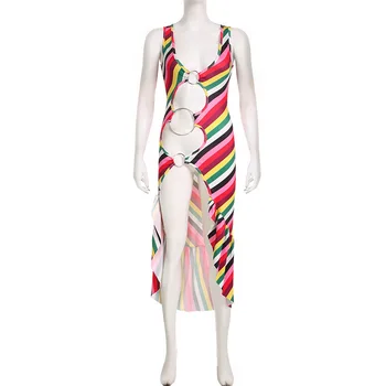 ANJAMANOR Seksi Plaj Tatil Yaz Elbiseler Kadınlar için Gökkuşağı Şerit Baskılı Asimetrik Hollow Out Fırfır uzun elbise D56-CC23
