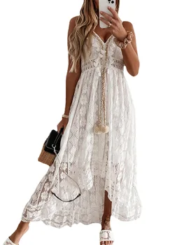 Kadın yaz dantel oyulmuştur elbise uzun kollu v yaka katı şifon elbiseler
