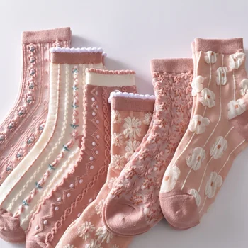 6 Çift Orta Uzunlukta Çorap, Hafif ve Rahat, Sevimli Pamuklu Çorap, Retro Üç Boyutlu, Orta Uzunlukta Çorap