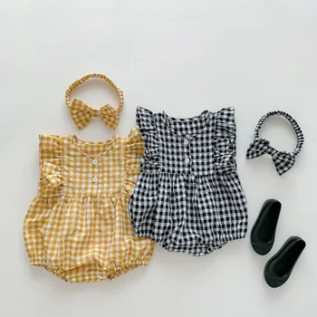 Yaz Bebek Kolsuz Uçan Kollu Elbise Bebek Kız İçin İnce Renk Eşleştirme Damalı Onesie emekleme giysisi Bebek Giysileri