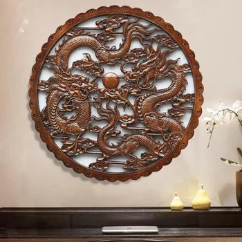 58 cm Yuvarlak Kafur Ahşap Oyma El Sanatları Sundurma Duvar Dekor Oturma Odası Çin Antika Dekorasyon Ev Longfeng Dekoratif Raf