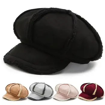 Yeni Kış Geyik Derisi Kadife Kuzu Yünü Ekleme Kavisli Ağız Sekizgen Şapka Açık Sıcak Sonbahar Ve Kış Şapka