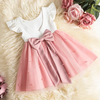 Ruffles Bebek Kız Doğum Günü Prenses Parti Elbiseler V-geri Yay Yürüyor Çocuk düğün elbisesi Çocuk İlk Communion Vaftiz Törenlerinde