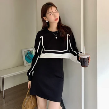 SuperAen Kore Şık Sonbahar Retro yuvarlak Boyun kontrast Sahte iki parçalı Tasarım Bel uzun kollu Elbise Kadın