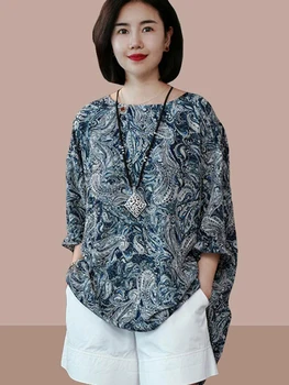 Yaz Kadın Baskı Gömlek Kontrast Renk Patchwork Asimetrik Vintage Uzun Kollu O-Boyun Gevşek Çok Yönlü Rahat Kadın Üstleri