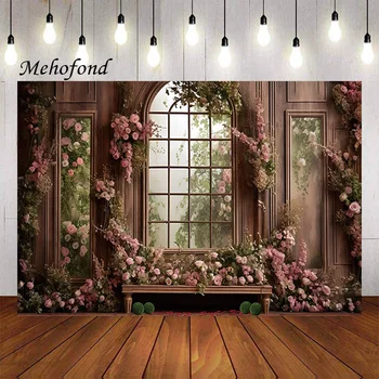 Mehofond Fotoğraf Arka Plan Vintage ev penceresi Pembe Çiçek Çocuk Doğum Günü Partisi Düğün Portre Dekor fotoğraf arka fonu Stüdyosu
