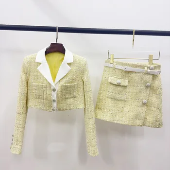 2023 Erken Sonbahar Yeni Renk Eşleştirme Rhinestone Dekore Takım Elbise Yaka Kısa Ceket / Etek Kadın