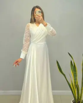 V Boyun Kat Uzunluk Fırfır Aplike Uzun Kollu balo kıyafetleri Abiye Suudi Arabistan kadın Resmi Elbise