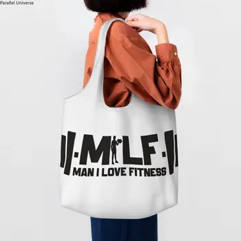Mılf Adam Seviyorum Spor Bakkaliye alışveriş çantası Baskı Tuval Alışveriş kol çantası Çanta Büyük Kapasiteli Yıkanabilir Çanta Çanta