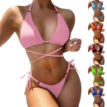 Kadınlar Halter Bikini Set Lady Katı Renk Mayo İki Adet Dantel Up Mayo Yüksek Kesim Mayo Beachwear