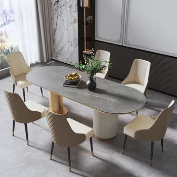 Işık lüks Oval kaya plaka yemek masası sandalye kombinasyonu Modern basit İskandinav küçük Aile High End mermer bahçe Mobilyaları