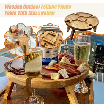 Ahşap Açık Şarap Masası Katlanır Piknik Masası Cam Tutucu İle Yuvarlak Masa şarap bardağı Rafı Katlanabilir Masa Bahçe Partisi İçin
