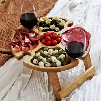 Ahşap Açık Şarap Masası Katlanır Piknik Masası Cam Tutucu İle Yuvarlak Masa şarap bardağı Rafı Katlanabilir Masa Bahçe Partisi İçin