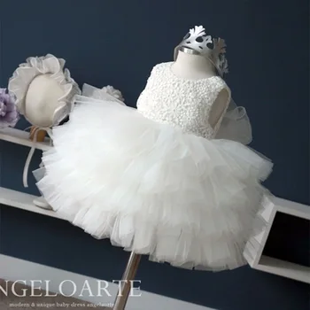 Dollbling Bebek Kız Tutu Elbise Beyaz Çiçek Dantel Pom Pom Toddler Doğum Günü Partisi Prenses Elbisesi Çiçek Kız Elbise