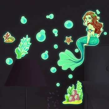 Karikatür Mermaid aydınlık duvar Sticker yeşil ışık sualtı dünyası karanlık peri çıkartmaları çocuklar için yatak odası duvar dekoru