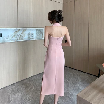 Yanling Sıcak Kız Halter Siyah Elbise Seksi V Yaka Backless Uzun Tatil Etek Sosyetik Tarzı