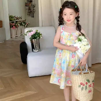 Kızlar Tatlı Çiçek Baskılı Elbise 2023 Yeni Yaz Moda Kolsuz Casual Basit Sevimli Taze Prenses Elbise Kızlar için