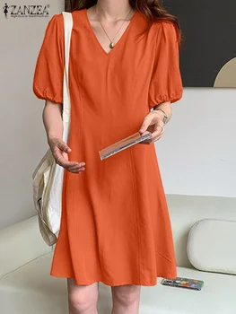 ZANZEA Kore Moda V Yaka Sundress Kadınlar Eklenmiş Kısa Elbise Puf Kollu Belli Vestidos Casual Katı Renk Yaz Mini Elbise