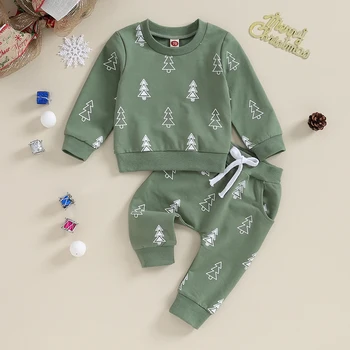 Yürüyor Çocuk Bebek Erkek Kız Noel Giysileri Setleri Yeşil Noel Ağacı Baskı Uzun Kollu O-Boyun Tişörtü Pantolon Rahat Kıyafetler