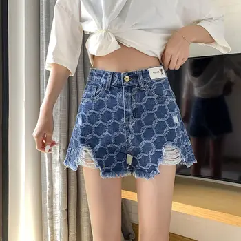 Yaz kadın Kot Şort Moda Kore Versiyonu Yüksek Bel İnce Baskı Sokak Trendi Rahat Geniş Bacak Şort Şık Zarif Y2K