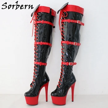 Sorbern 17 Cm Striptizci Yüksek Topuklu Çizmeler Kadın Kutup Dansçı Tam Fermuar Siyah Kırmızı Orta Uyluk Yüksek Sürükle Kraliçe Ayakkabı özel ayakkabılar