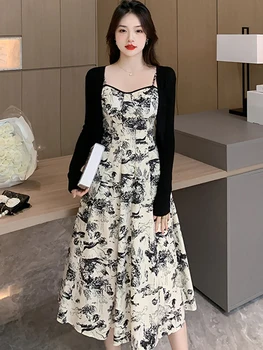 Kadınlar Kore Vintage Zarif Rahat Takım Elbise 2023 Sonbahar Kış Siyah Örme Uzun Kollu Hırka+Baskı askı elbise İki Parçalı Setleri