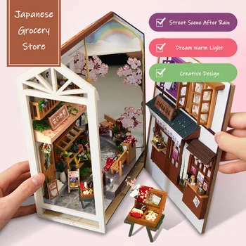Ahşap DIY Kitap Nook Raf Ekleme Kiti Minyatür Sokak Sahne Yağmurdan Sonra Kitap Ayracı Japon Kitaplık El Yapımı Zanaat Yetişkinler Hediye