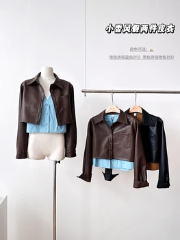 Moda Siyah Deri Ceket Turn-Aşağı Yaka Sahte İki Adet Palto Vintage Uzun Kollu Chic Tops Giyim Yüksek Sokak 2023 Yeni