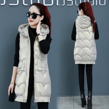 Yeni Moda Kapşonlu Parlak Aşağı Pamuk Yelek Kadın Orta Uzunlukta Sonbahar Kış Kalın Yelek Kadın Kolsuz Ceket Gelgit H2732