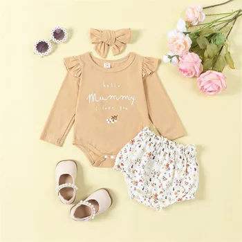 Bebek Bebek Kız Sonbahar Giysileri Merhaba Anne Seni Seviyorum Fırfır Uzun Kollu Romper Çiçek şort takımı 3 Adet Güz Kıyafetler