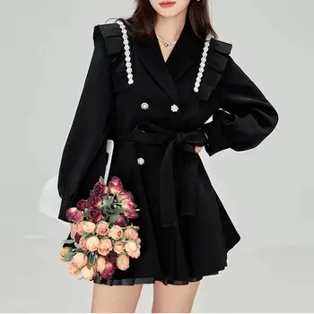 2023 Kore Moda Siyah Mini Blazer Elbise Kadınlar Zarif Şık Sashes Düğme Tasarım Elbise Kış Rahat Seksi Akşam Parti Elbise
