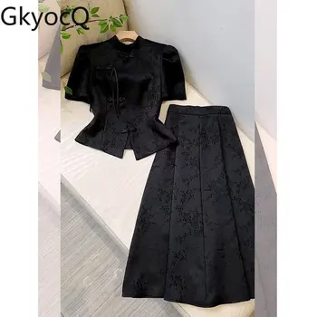 GkyocQ Yaz 2 Parça Set Çin Tarzı Zarif Etekler Nakış Düğüm Düğmesi Kısa Üstleri ve Klasik Uzun Etek kadın kıyafetleri
