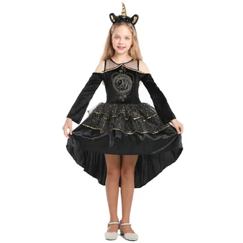 Çocuk Kız Unicorn Siyah Tutu Örgü Gotik Uzun Kollu Elbise Cadılar Bayramı Cosplay Kostümleri Kıyafet