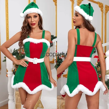 2023 Kadın Yılbaşı Kostümleri Kızlar Seksi Kırmızı Yeşil Kadife Mini Asma Elbise Noel Partisi Noel Baba Cosplay Kıyafet Kadınlar İçin