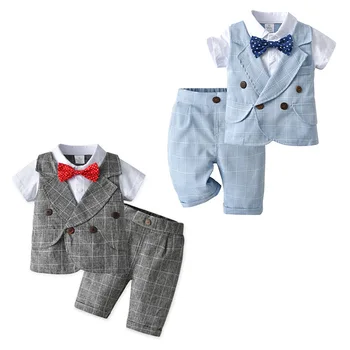 Bebek Giysileri Seti Erkek Bebek Takım Elbise Sahte İki Takım Elbise Yelek Kore Ekose Beyefendi Kısa Kollu Doğum Günü Partisi çocuk Giyim