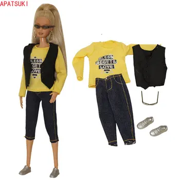 Sarı Moda Giyim Seti barbie bebek Alfabe T-shirt Yelek Kırpma Pantolon Ayakkabı Gözlük 1/6 Bebek Aksesuarları Çocuk Oyuncakları